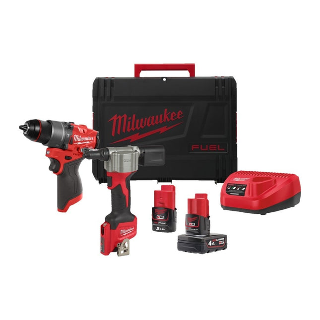 Milwaukee M12 FPP2D2-422X Combiset - FPD2 Slagboor en BPRT Blindklinknageltang - 2.0/4.0Ah 12V in HD Box - 4933480593