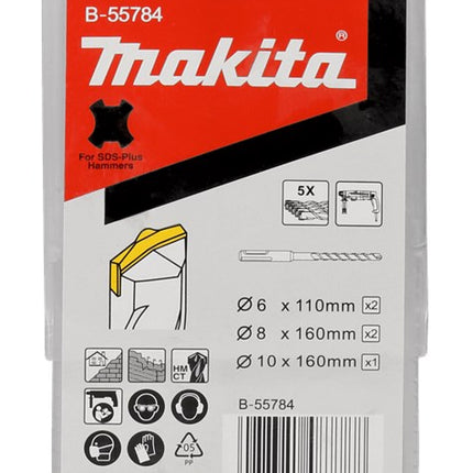 Makita Borenset SDS+ 5-Delig            2X 6X110mm + 2X 8X160mm + 1X 10X160mm - B-55784