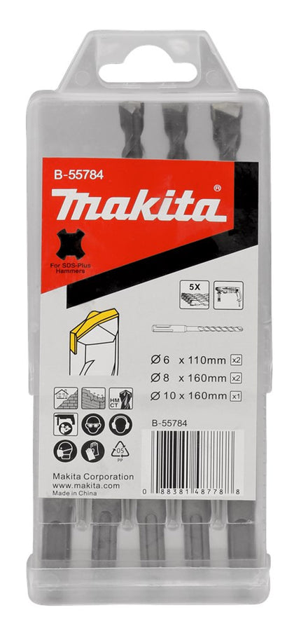 Makita Borenset SDS+ 5-Delig            2X 6X110mm + 2X 8X160mm + 1X 10X160mm - B-55784