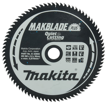 Makita Zaagblad Hout 260x30x2.8mm 80T 15G - B-32655