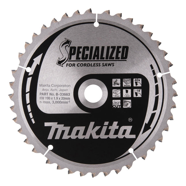 Makita SPECIALIZED Hout Zaagblad 190x20x2mm 40T - B-33663